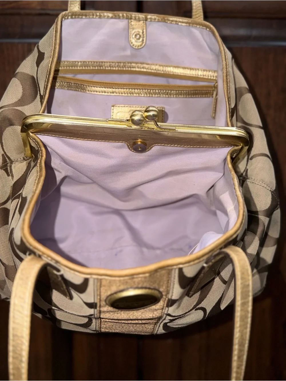 Coach Vintage Signature Kiss-Lock Framing Metallic Gold Carryall Tote